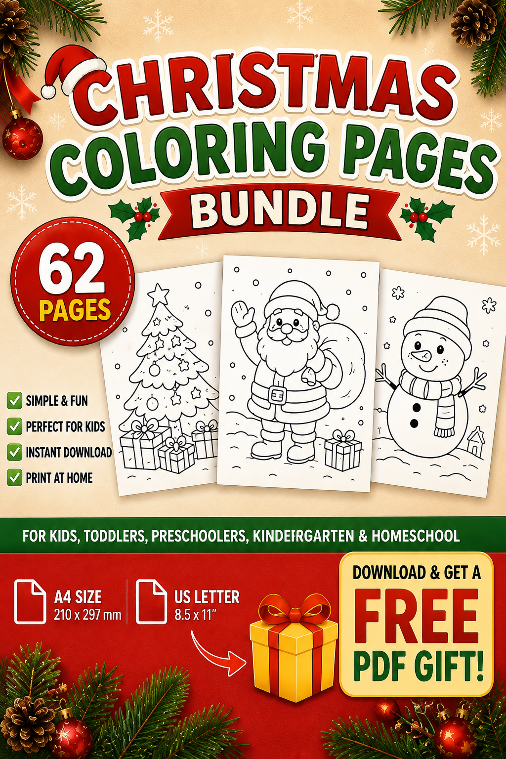 +60 Christmas coloring pages for small kids toddlers preschoolers kindergarten homeschool | instant download | print at home | Christmas coloring book