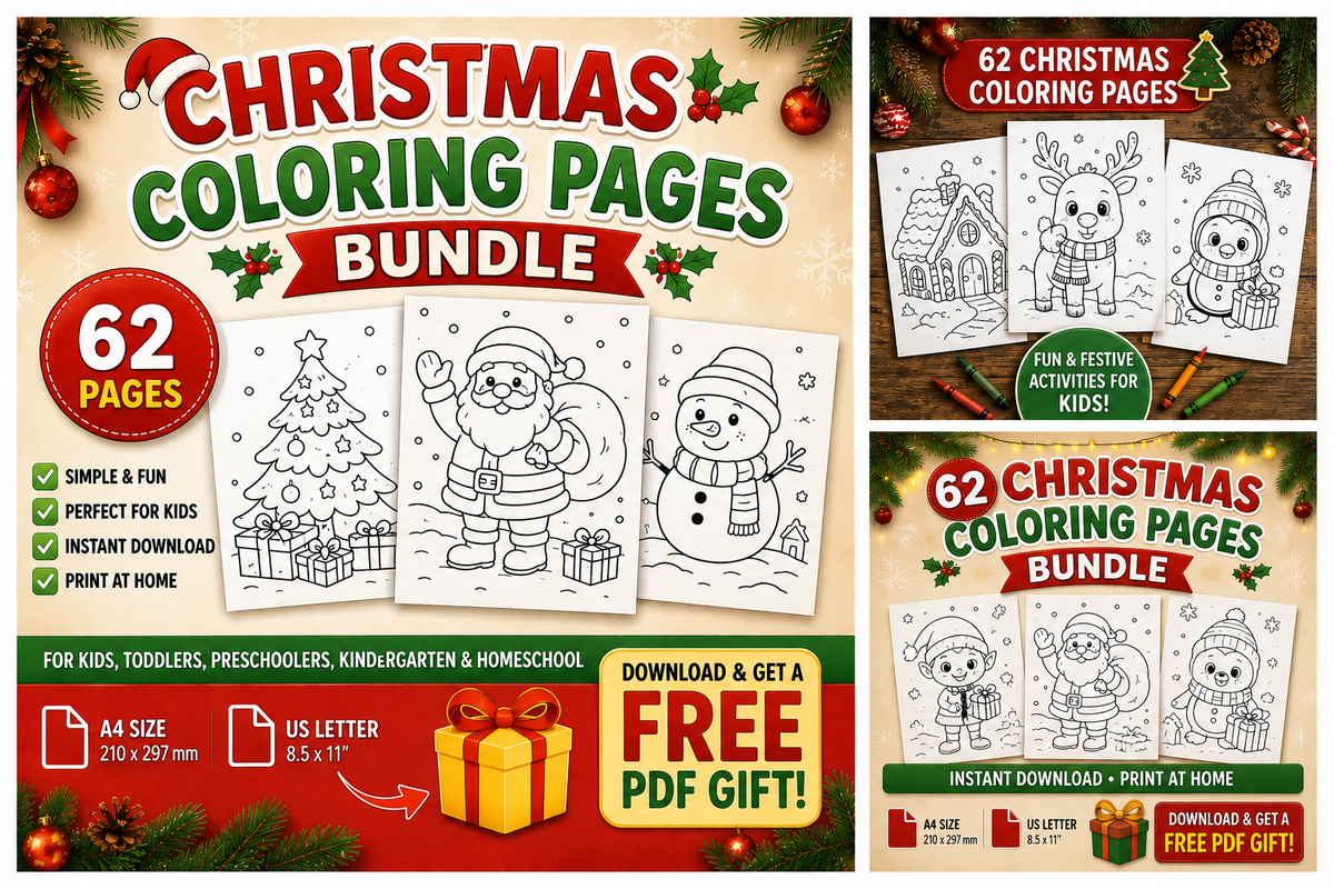 +60 Christmas coloring pages for small kids toddlers preschoolers kindergarten homeschool | instant download | print at home | Christmas coloring book