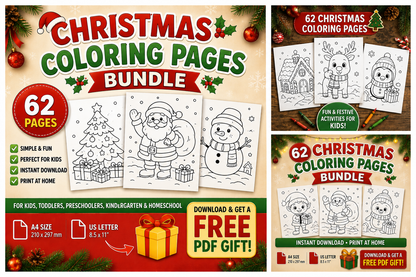 +60 Christmas coloring pages for small kids toddlers preschoolers kindergarten homeschool | instant download | print at home | Christmas coloring book